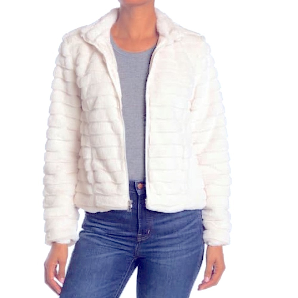 Kendall and Kylie Zip Up Faux Fur Jacket Cream